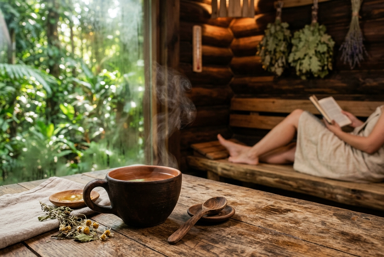 Tea served in the rest area between banya rounds