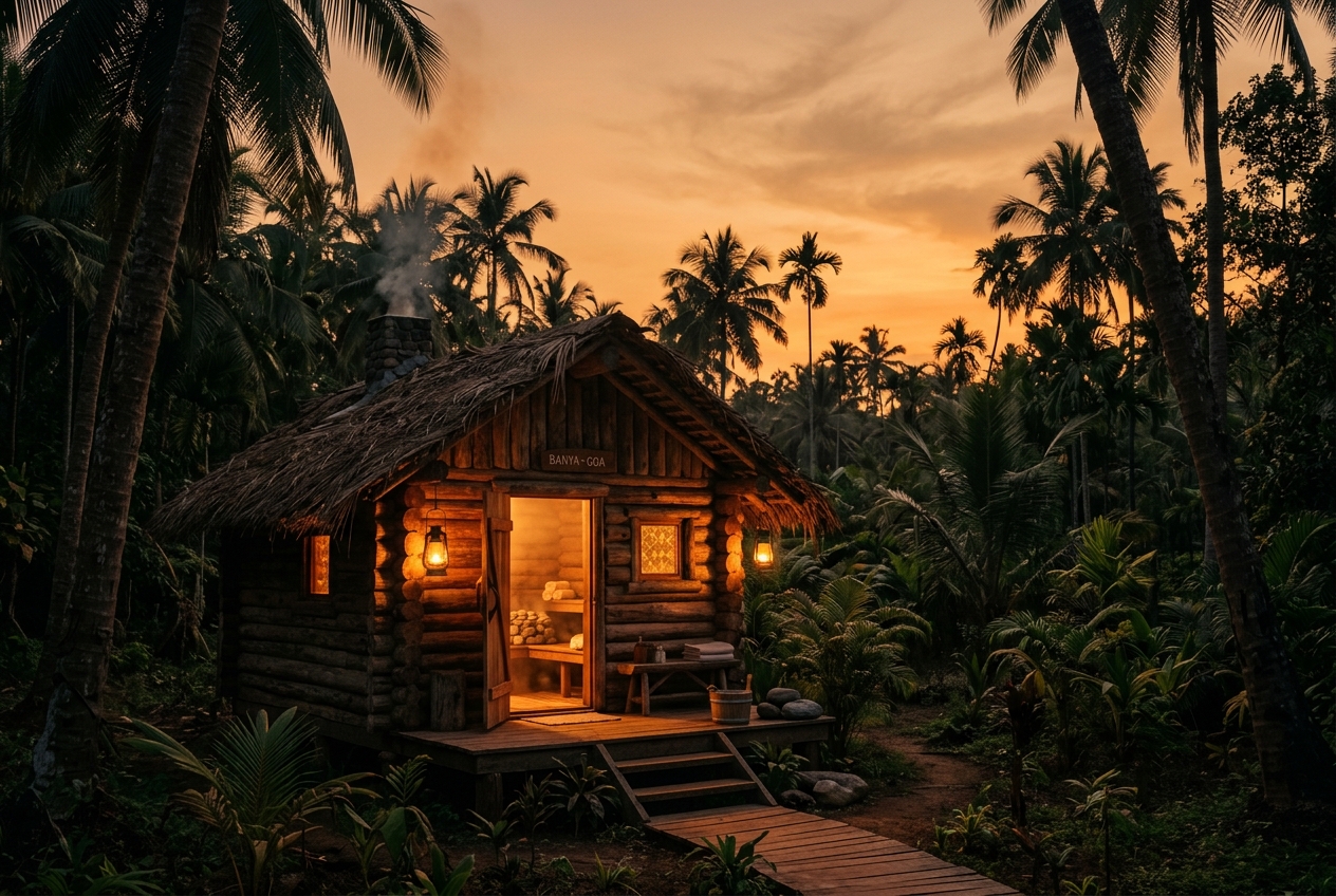 Hidden Oak's mud-and-wood banya at dusk, palms silhouetted against a warm sky