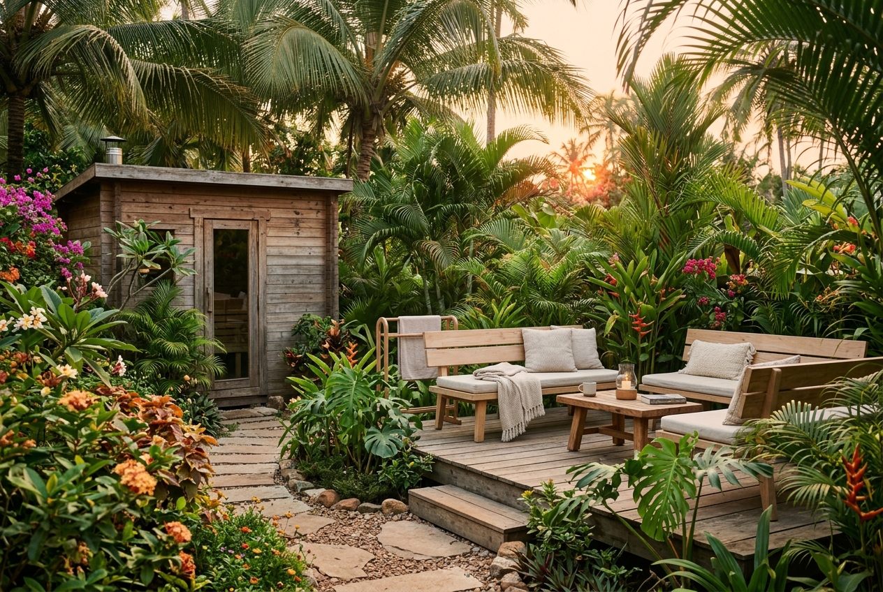 Garden greenery surrounding the Hidden Oak banya