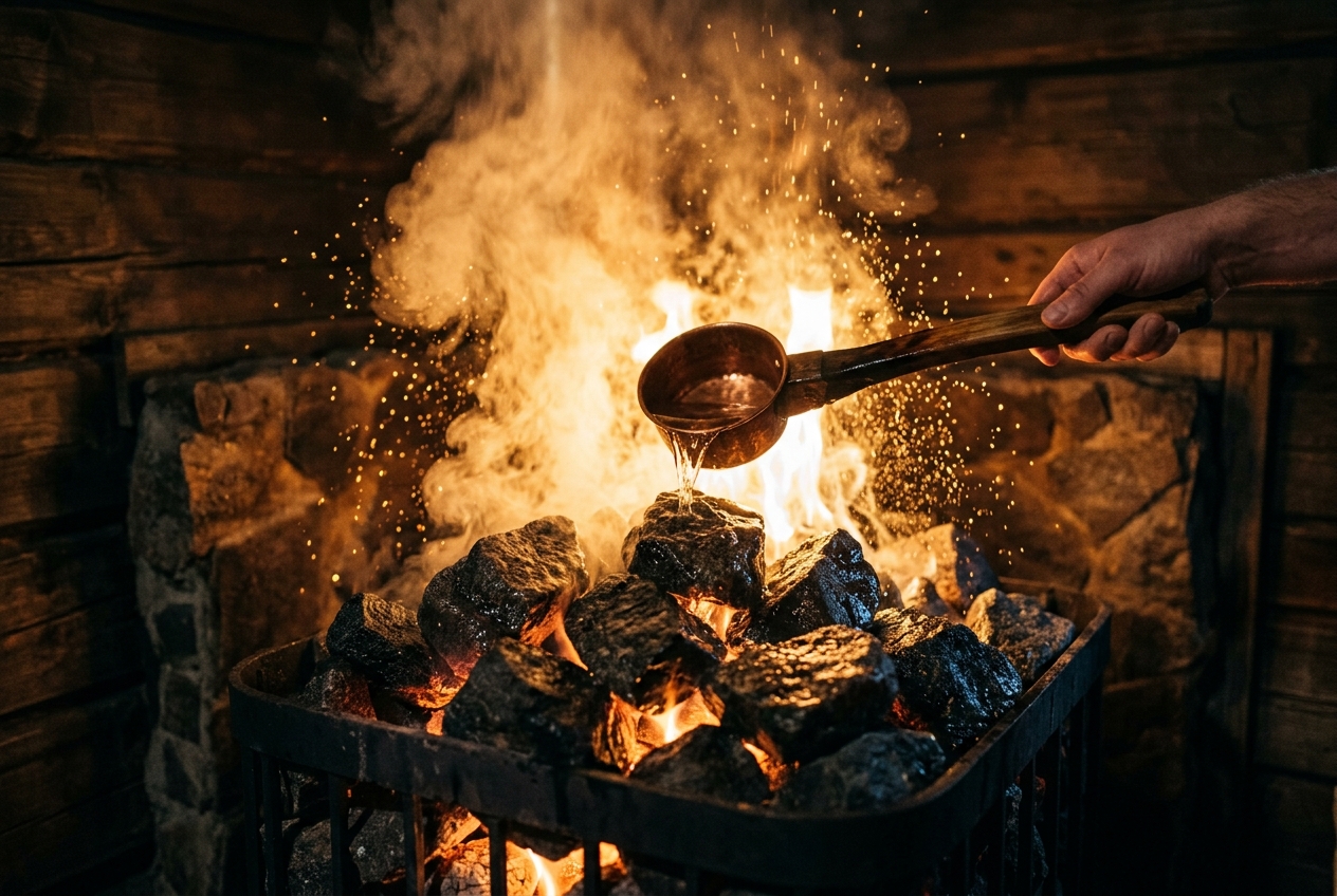 Steam curling through warm light inside the Hidden Oak sauna