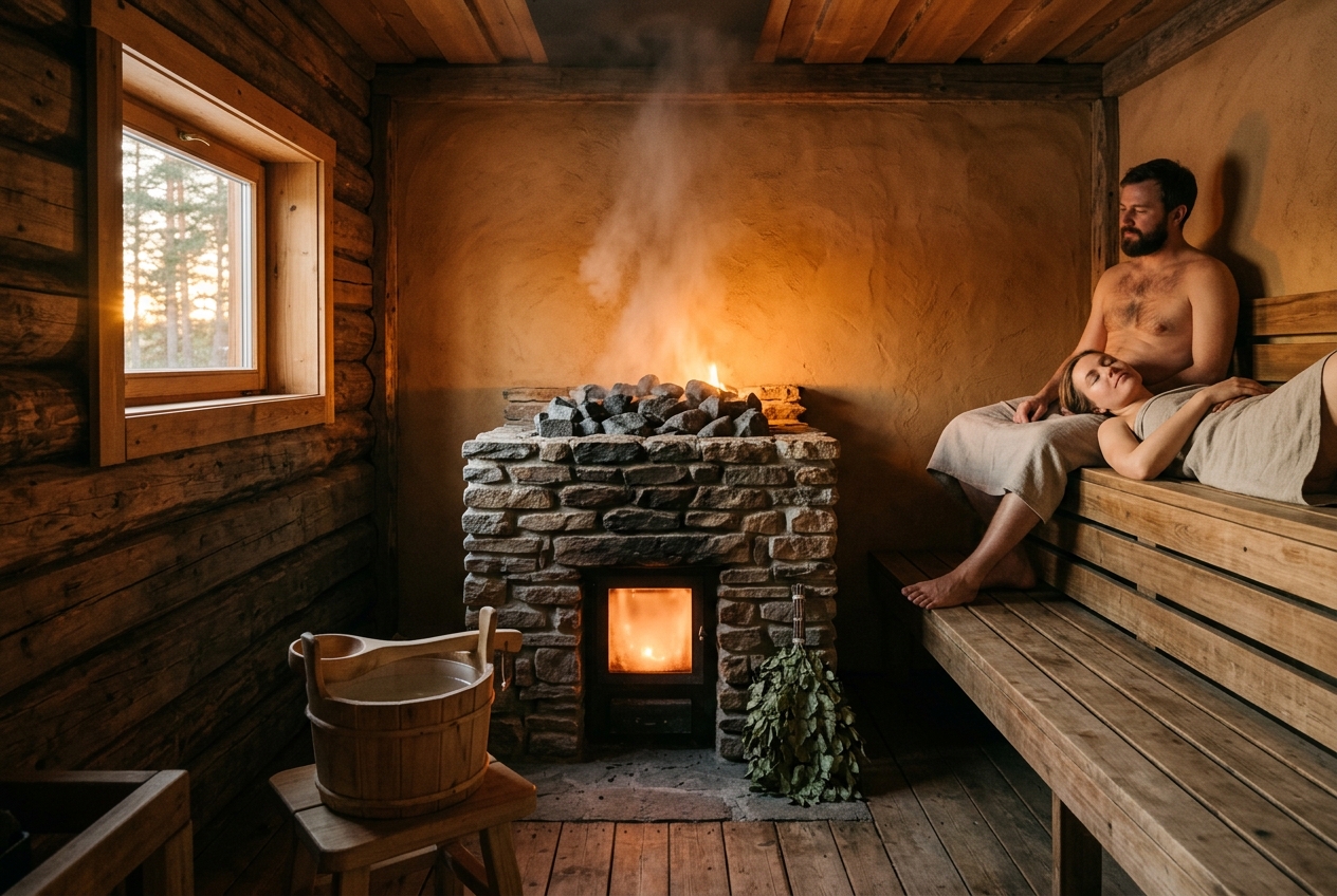 The wood stove inside Hidden Oak's sauna, warm firelight on clay walls